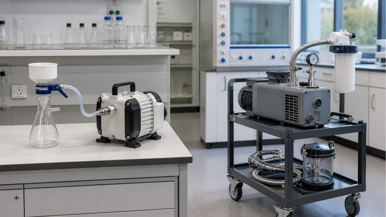 Side-by-side comparison of a diaphragm filtration pump and a rotary vane deep-vacuum pump in a laboratory