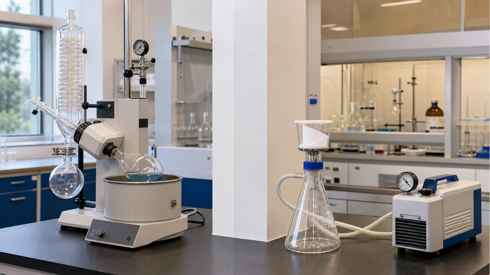 Laboratory scene separating rotary evaporation vacuum needs from Buchner filtration pump use