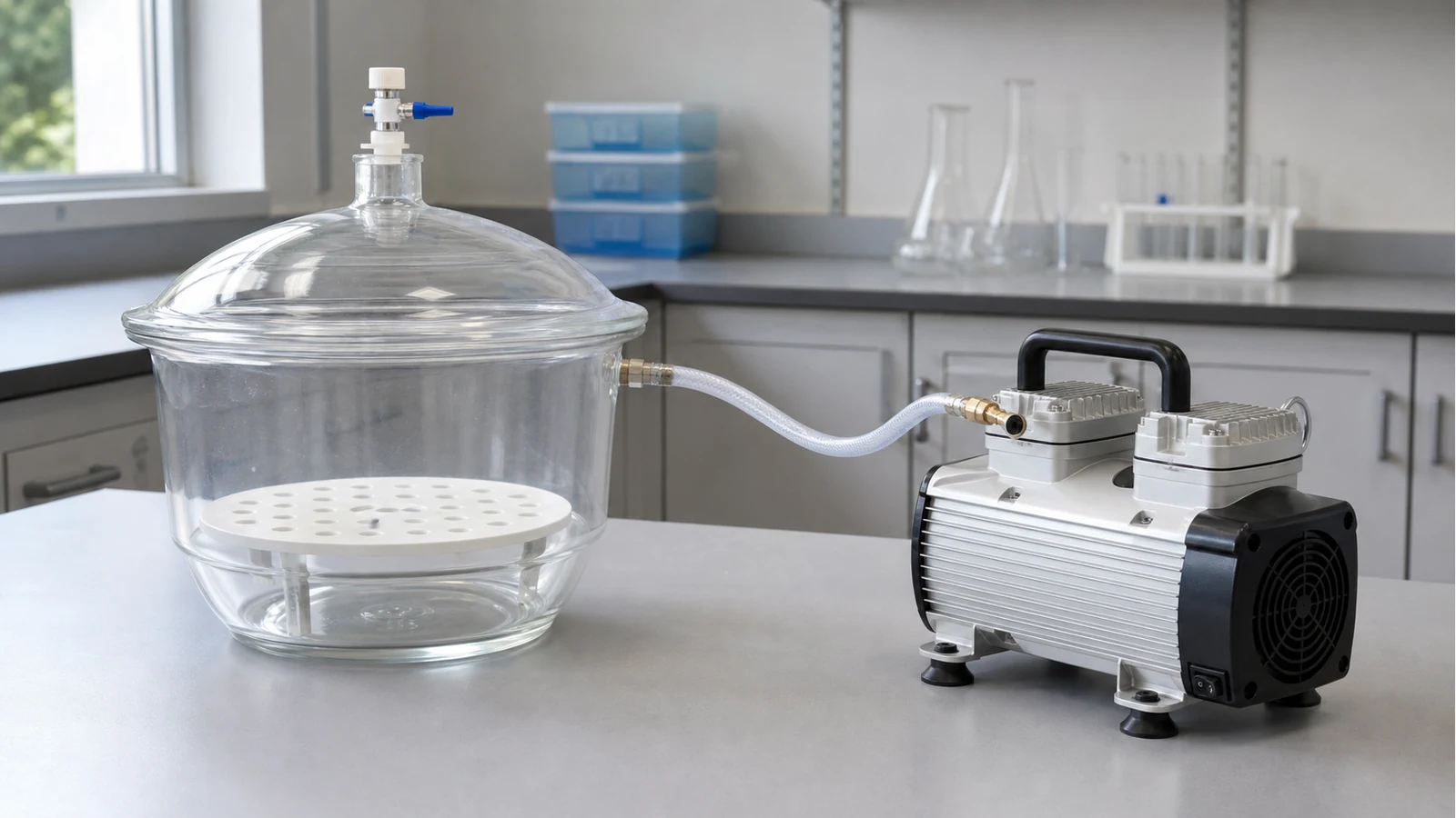 Oil-free benchtop vacuum pump connected to a laboratory desiccator for sample drying