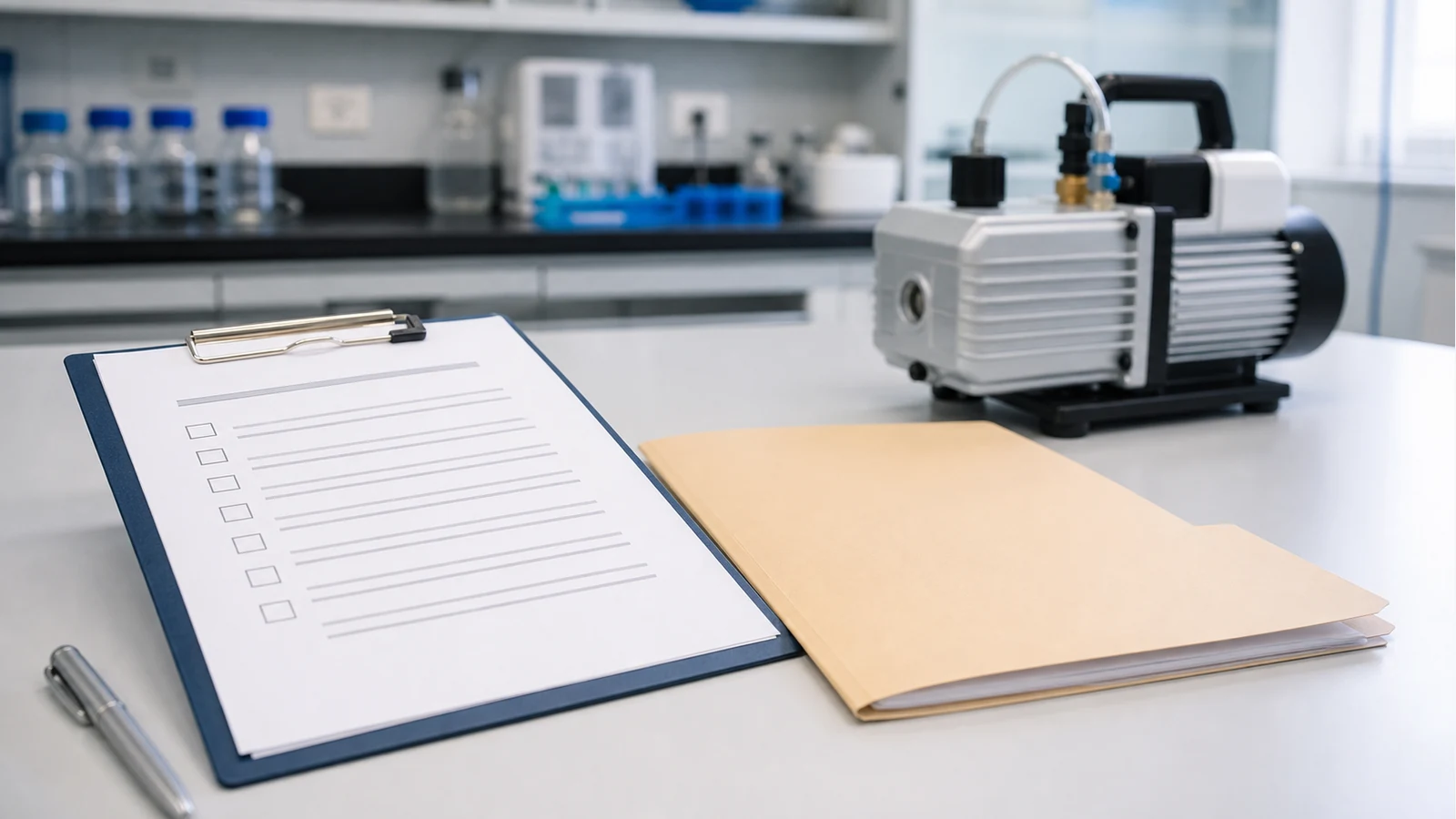 UK laboratory procurement checklist beside a compact vacuum pump and conformity paperwork