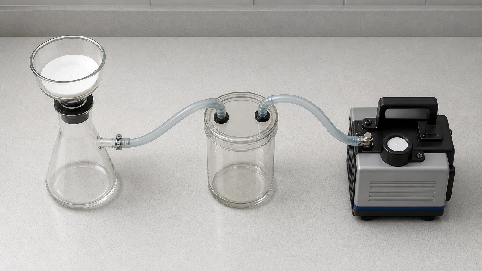 Diagram-style bench layout showing a catch pot protecting a laboratory vacuum pump during Buchner filtration